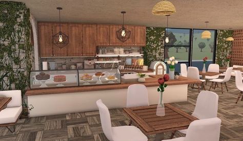 Bloxburg Cafe Table Ideas, Bloxburg Buffet Ideas, Bloxburg Small Restaurant Layout, Boo Burg Cafe Ideas, Bloxburg Cafe Seating Ideas, Blocksburg Restaurant Ideas, Bloxburg Restaurant Layout 2 Story, Blocksburg Cafe Ideas, Bloxburg Coffee Shop Ideas Interior