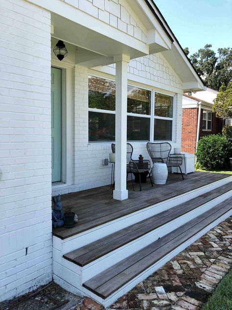 Front Porch Ideas For Cape Cod Homes, Front Porch Not Covered, Front Porch Half Covered Half Not, Half Covered Front Porch, Front Porch Driveway Ideas, Diy Porch Addition, Small Front Porch Renovation, Small Front Porch Construction Ideas, Front Porch Patio Extension