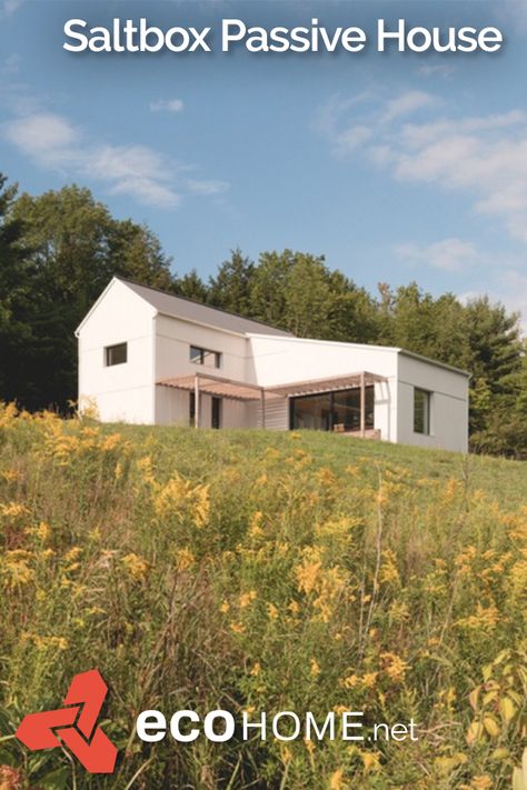 This Passive House, the Saltbox, has some of the lowest energy bills in the area! See more on Ecohome: https://www.ecohome.net/photos/1767/saltbox-passive-house/ #design #home #passivehouse #ecohome House Net, Sustainable House Design, Passive House Design, Passive Solar Heating, Sustainable Construction, Sustainable House, Zero Energy, Net Zero, Salt Box