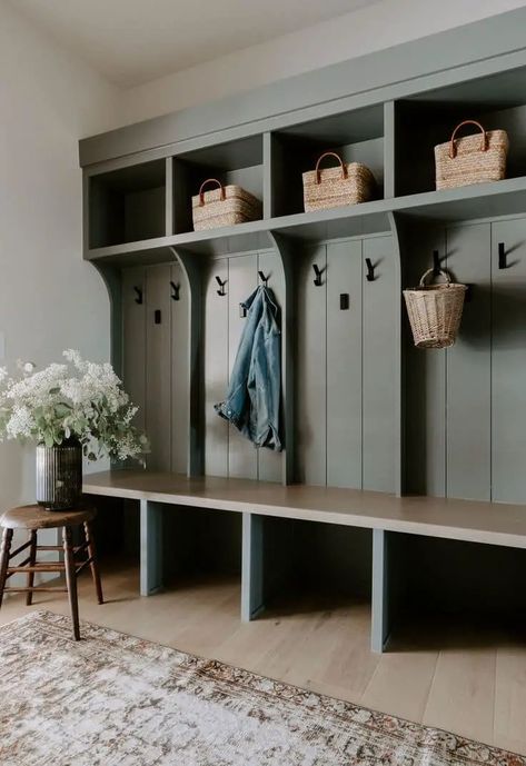 Mudroom Bench Dimensions: What You Need to Know Mudroom Open Shelving, Mud Room Build In, Built In Mudroom Lockers With Bench, Mudroom Basement Entrance, Green Mud Room Ideas, Built In Mudroom Bench Entryway, Green Mudroom Bench, Mud Room Shoe Shelf, Cool Mudroom Ideas