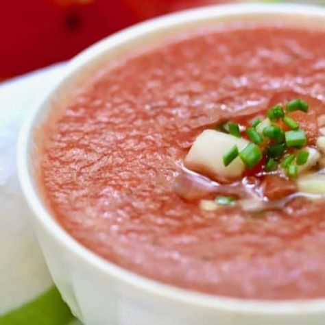 Chilled Watermelon Gazpacho Soup - Grits and Pinecones Watermelon Soup, Cold Soup Recipes, Gazpacho Soup, Cold Soups, Light Soups, Easy Summer Dinners, Birthday Menu, Summer Soup, Watermelon Gazpacho