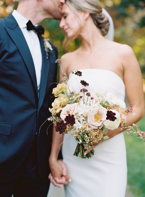 An intimate fall wedding at Lakewold Gardens from top Seattle wedding and elopement photographer Anna Peters Autumn Bridal Bouquet, Shades Of Dusty Rose, Intimate Fall Wedding, Elegant Bridal Bouquets, Chocolate Cosmos, Neutral Wedding Flowers, Autumn Bridal, Rose Taupe, Bridal Bouquet Fall