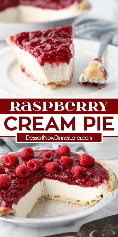 Raspberry Cream Pie has layers of whipped cream cheese filling and a jammy raspberry topping inside of a flaky pastry crust. It’s not too sweet, not too tart, and can be made year round with fresh or frozen raspberries. Raspberry Pie Filling Recipes, Raspberry Cream Pie, Raspberry Topping, Raspberry Pie Recipe, Cream Cheese Pie Recipes, Raspberry Cream Pies, Raspberry Pie Filling, Thanksgiving Pie Recipes, Raspberry Desserts