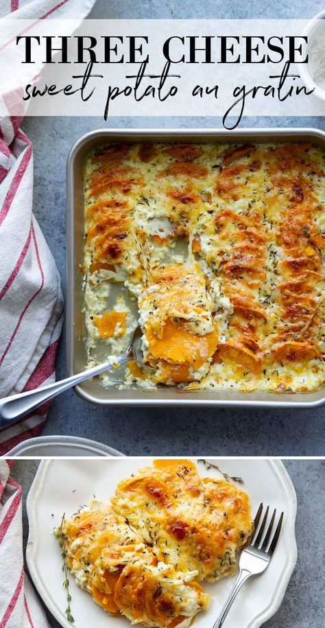 Potato And Sweet Potato Gratin, Sweet Potato And Potato Gratin, Sweet Potato Au Gratin Thanksgiving, Au Gratin Sweet Potatoes, Sweet Potato With Goat Cheese, Sweet Potatoes Au Gratin, Cheesy Sweet Potato Recipes, Sweet Potato Au Gratin Recipes, Sweet Potato Gratin Recipes