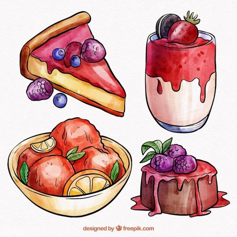 Sweet desserts collection in watercolor ... | Free Vector #Freepik #freevector Sweet Art Drawing, Drawing Of Sweets, Sweet Drawing Ideas, Sweet Food Drawing, Desserts To Draw, Dessert Art Drawing, Cute Food Art Drawing, Cute Dessert Drawings, Watercolor Art Food