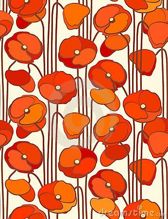 Art Nouveau, Poppies, Flowers, Floral, Pattern, Red, Fabric, Design, Art