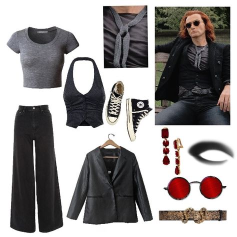 crowley Halloween costume inspo Aziraphale And Crowley Halloween Costume, Crowley Aziraphale Cosplay, Good Omens Fashion, Crowley Good Omens Costume, Crowley Halloween Costume, Crowley Good Omens Inspired Outfits, Comicon Costume Women Cosplay, Crowley Costume Female, Doctor Who Outfit Ideas