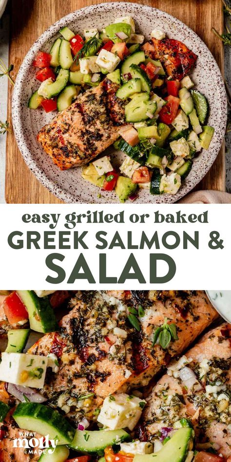 This Greek salmon recipe is the perfect light summer dinner. The Greek marinade adds tons of bold flavor and the salad is full of crunchy, delicious veggies. While the salmon marinates, mix all of the salad ingredients in a bowl. Grill or bake the salmon, top with salad, and serve! Whichever method you're using to cook the salmon, it will be delicious! Greek Salad With Salmon, Greek Salmon Recipes, Salmon Eggplant, Mediterranean Keto Diet, Greek Salmon Recipe, Low Carb Mediterranean Recipes, Pomegranate Desserts, Greek Marinade, Greek Salmon