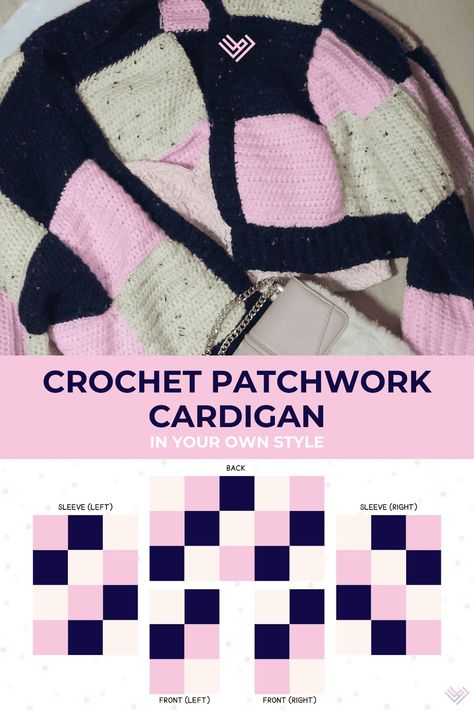 Step-by-Step Guide to Crochet Patchwork Cardigan in Your Own Style  - The LILI Path How To Crochet A Patchwork Cardigan, Patchwork Cardigan Patterns Free, Knit Cardigan Beginner, Crochet Patchwork Cardigan Free Pattern, Free Crochet Patchwork Cardigan Patterns, Crochet Patchwork Cardigan Tutorial, Crochet Cardigan Panels, Patchwork Cardigan Layout, Crochet Projects Cardigan