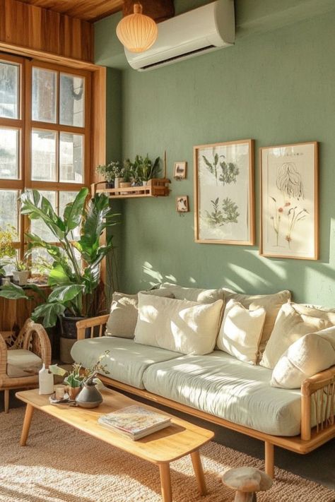 Discover the best green paint shades for a calming, stylish living room! #GreenDecor #LivingRoomInspiration #EcoFriendlyPaint Sage Green In Living Room, Home Decor Green Walls, Green Walls Ceiling, Sage Wall Living Room Ideas, Green Colour Living Room Ideas, Lick Green 02 Paint Living Room, Light Green Lounge Ideas, Green Living Room Minimalist, Green Wall Apartment