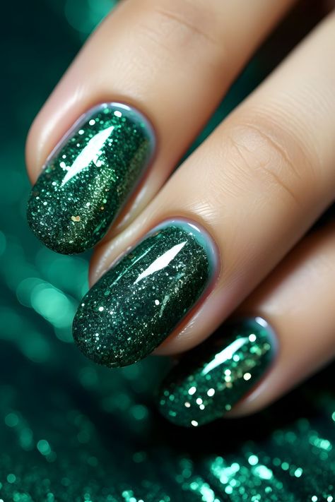 dark green nails, glitter nail ideas, nail design inspo, green sparkle, trendy nails, nail art, nail goals, beauty, nail inspo, nail trends, nail inspiration, nail looks, nail aesthetics, nail obsession, manicure, nailstyle, nail inspo, green nails, glamorous nails, nail love, dark green, nail goals, nail inspo, nail addict, nails 2024 Dark Green Glitter Nails, Green Nails Glitter, Nail Inspo Green, Green Glitter Nails, Dark Green Nail, Glitter Nail Ideas, New Year's Eve Nails, Sparkling Nails, Nail Aesthetics