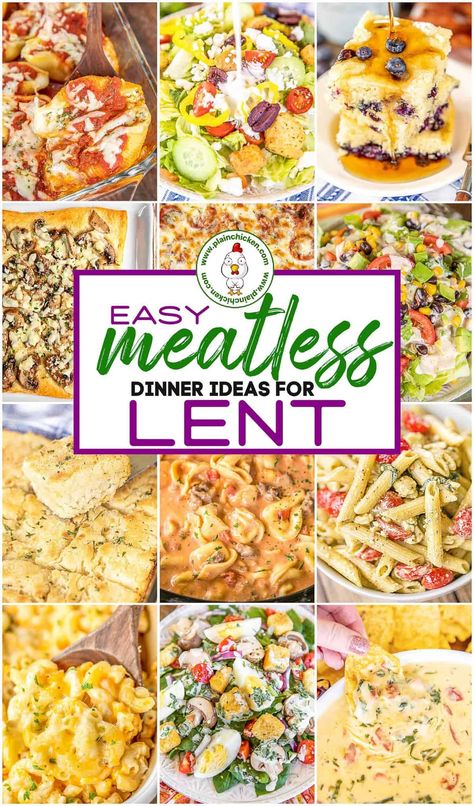 Meatless Dinner Ideas for Lent - six weeks of dinner menus to help you go meatless during Lent. All of the recipes are quick, easy, and delicious! We've got soups, pasta casseroles, pizza, salads, pasta salads, and bread. Skip grabbing a Filet O'Fish sandwich at the drive-thru and whip up one of these delicious menus instead! #lent #meatless #salad #soup #pasta Lent Recipes Meatless Meals, Lent Dinner Ideas, Meatless Meals For Lent, Veggie Grilled Cheese, Meals For Lent, Meatless Dinner Recipes, Ideas For Lent, Meatless Dinner Ideas, Plain Chicken Recipes