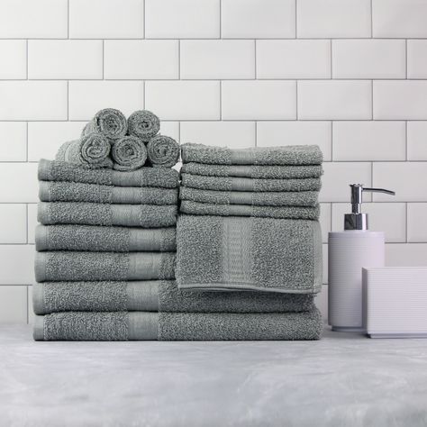 Mainstays Basic Solid 18-Piece Bath Towel Set, School Grey - Walmart.com Walmart Wedding, Gray Closet, Mountain Home Decor, Grey Bath Towels, Grey Bath, Striped Bath Towels, Best Gift Baskets, Shop Bathroom, Neutrogena Makeup Remover