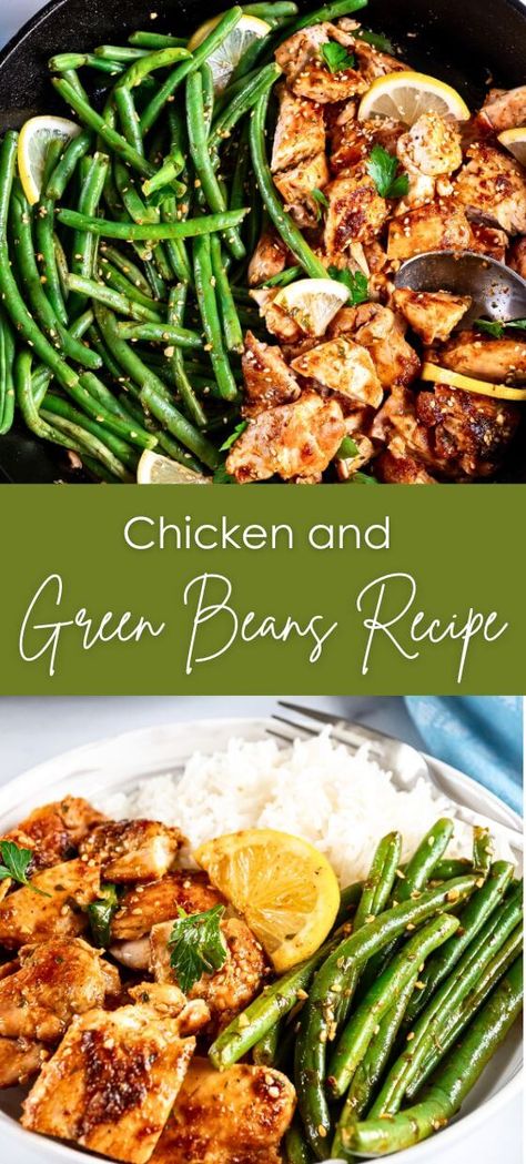 Chicken and Green Beans Recipe - Yummy and fully Green Beans Skillet, Lemon Garlic Butter Chicken, Garlic Butter Rice, Lemon Garlic Chicken Thighs, Chicken And Green Beans, Chicken Green Beans, Mediterranean Diet Recipes Dinners, Green Beans Recipe, Cooking Green Beans