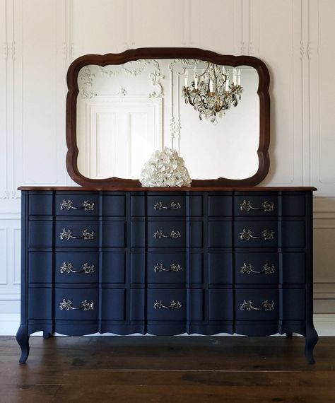 Navy Bedroom Furniture, Modern Antique Bedroom, Bedroom Buffet, Colored Dressers, English Country Decor Living Room, Navy Dresser, French Provincial Dresser Makeover, Navy Blue Dresser, Provincial Bedroom