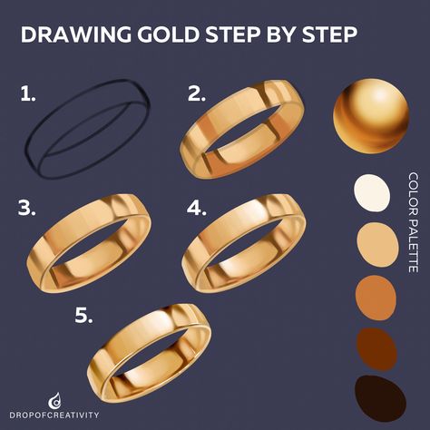 Gold Shading Reference, Gold Ring Drawing Tutorial, How To Colour Gold Digital Art, Paint Gold Tutorial, How To Shade Gold Digital Art, Digital Art Gold Tutorial, Gold Art Tutorial, Coloring Gold Tutorial, Procreate Gold Color