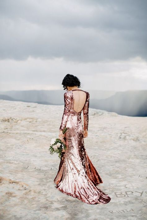 pink sequin long sleeve backless wedding dress with a small train looks stunning and shining Rose Gold Wedding Dress, Colored Wedding Dress, Gold Wedding Dress, Wedding Dress Sequin, Sequin Wedding, Traditional Wedding Dresses, 5th Anniversary, Blue Mountains, Vegas Wedding