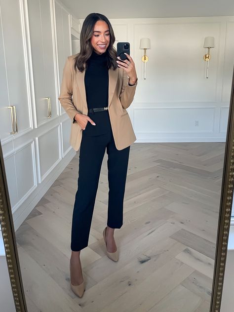 Cute Corporate Outfits, Tan Blazer Outfit, Turtleneck Bodysuit, Tan Blazer, Corporate Outfits, Open Front Blazer, Fall Outfits For Work, Business Formal, Office Attire