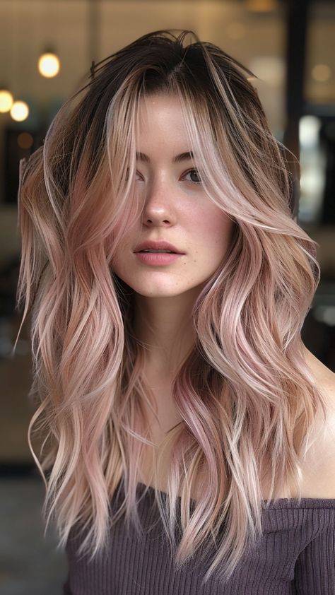 30 Balayage Hair Color Ideas for 2024 Style Icons Subtle Pastel Hair, Light Pink Underneath Hair Blonde, Blonde And Pale Pink Hair, Pink Inner Hair, Soft Pink Balayage, Brown Hair With Pops Of Blonde, Balayage Hair With Pink, Pink Baylage Hair Light Brown, Pink Hair Subtle