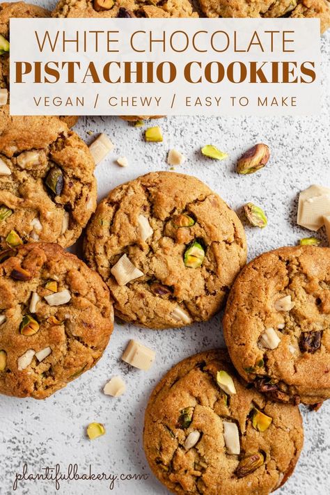 Chocolate Pistachio Cookies, Cookies Without Eggs, Vegan Pistachio, Chocolate Pistachio, Vegan White Chocolate, Pistachio Cookies, Vegan Baking Recipes, Vegan Cookies Recipes, Vegan Chocolate Chip Cookies