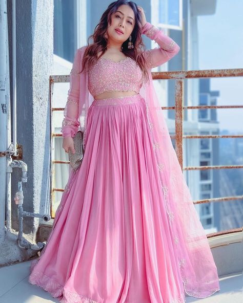 Neha Kakkar Lehenga, Lehenga Looks, Neha Kakkar Dresses, Indian Idol, The Younger Sister, Shrug For Dresses, Neha Kakkar, Blue Lehenga, Pink Lehenga