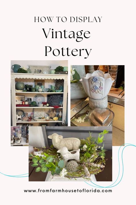 vintage pottery displayed in a bookcase and on a tabletop Pottery Display Ideas, Spring Candle Holders, Pottery Display, Heritage Day, Spring Candles, Old Pottery, Basket Uses, Tiny Plants, Seasonal Displays