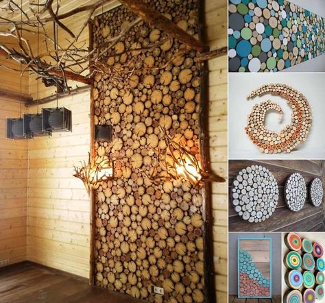 A rustic wall art idea is this one which you can create by chopping wood into slices. Either cut branches or cut logs to create these stunning pieces. You can use a wood adhesive to stick the slices to a plywood board. Wooden Wall Design, Wood Wall Design, Interior Wall Design, Scandinavian Home, Wood Slices, Room Wall Decor, Interior Walls, Interior Design Trends, Wooden Walls