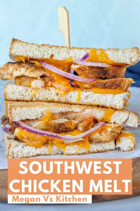 This Southwest Chicken Melt is on another level. Every bite is filled with smokey chipotle chicken and oozing with cheddar cheese. The onion and tomato add a nice pop of fresh acidic flavor. This melt is everything I could possibly want in a sandwich. Chipotle Chicken Melt, Chicken Melt Recipe, Chicken Melt, Meal Prep For Work, Chicken Melts, Chicken Breast Cutlet, Comfort Dinner, Southwest Chicken, Chipotle Chili