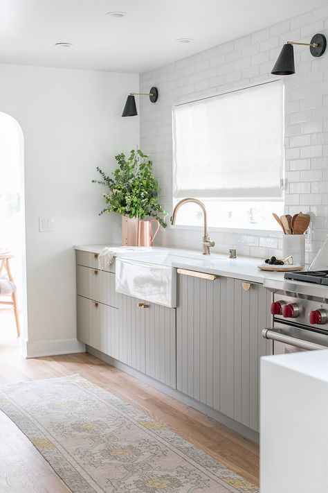 kitchen and dining room remodel with Ikea cabinets, farm sink, fireclay tile, black sones. Semi Handmade, Ranch Kitchen, Budget Kitchen Remodel, White Kitchen Remodeling, Dining Room Remodel, Diy Kitchen Renovation, Charming Kitchen, New Kitchen Cabinets, Ideas Hogar