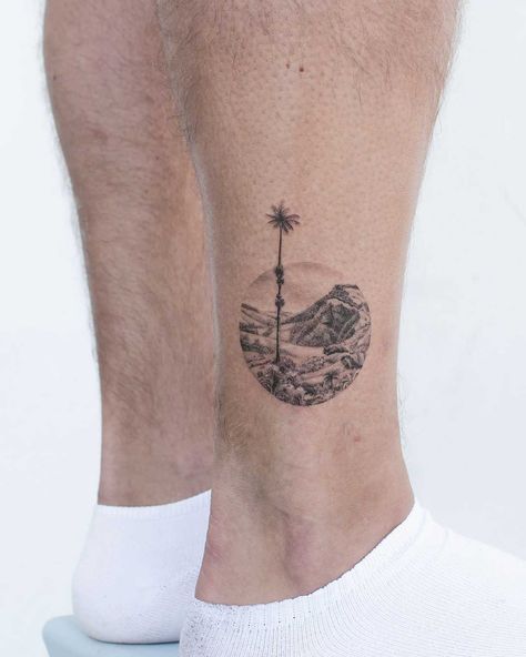 Colombian landscape tattoo inked in a circle on the right ankle Colombian Tattoos, Skin Color Tattoos, Colour Tattoo For Women, American Traditional Tattoos, Iris Tattoo, Trip To Colombia, Belly Tattoos, Ribcage Tattoo, Tattoo Shirt