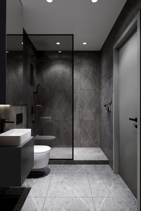 Bathroom Interior Design Luxury Black, Small Grey Bathrooms, Bathroom Interior Design Luxury, Bathroom Wall Tile Design, Grey Bathrooms Designs, Interior Design Bathroom, Modular Bathrooms, Bathroom Design Styles, Bathroom Design Black