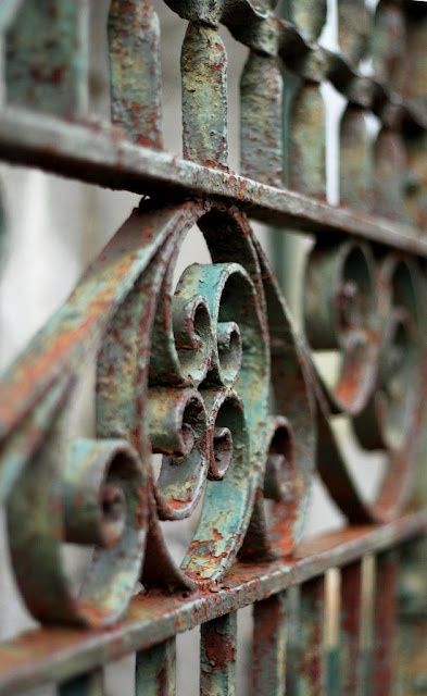 From Dishfunctional Designs: For The Love Of Verdigris Backyard Bee, Rust In Peace, Gates And Fences, Rust Patina, Porte Cochere, Wrought Iron Gates, Old Metal, Rusted Metal, Peeling Paint