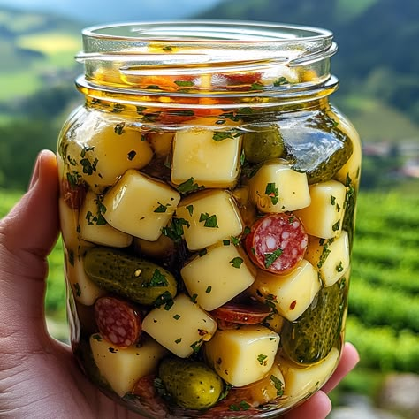 Pickled Cheese And Salami Snack Jars, Easy Marinated Cheese Appetizer With Salami, Marinated Cheese Peppers And Olives, Marinaded Cheese And Salami, Easy Marinated Cheese With Salami And Pickles, Marinated Cheese Appetizer With Salami, Marinated Cheese Salami And Pickles, Cheese And Pickle Tray, Easy Marinated Cheese Appetizer