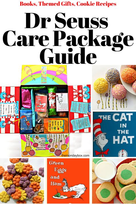 Make your own Dr. Seuss Care Package  filled with gifts and snacks all with a  Dr. Seuss theme! The guide  includes recipes and decorating suggestions! A great theme for military, college, and kids' care package fun! #themondaybox #drseuss #drseussday #carepackage #themedcarepackage #militarycarepackage Long Distance Relationship Care Package, Seuss Snacks, Dr Seuss Snacks, Care Package Decorating, Kids Care Package, Purim Ideas, Dr Seuss Characters, Dr Seuss Theme, Swedish Fish Candy