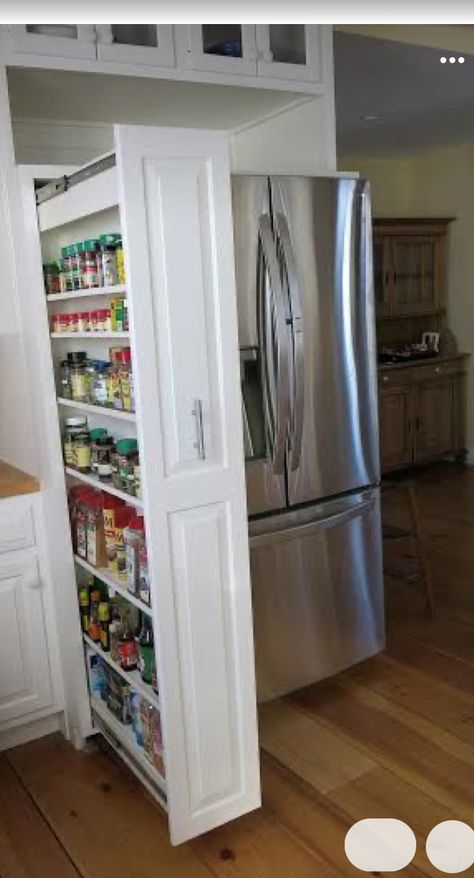 Storage Around Refrigerator, Kitchens For Short People, Kitchen For Short People, Kitchen Ideas Refrigerator, Pantry Next To Refrigerator, Fridge Placement, Transitional Decor Kitchen, Kitchen Ideas Modern Luxury, Kitchen Remodel Design