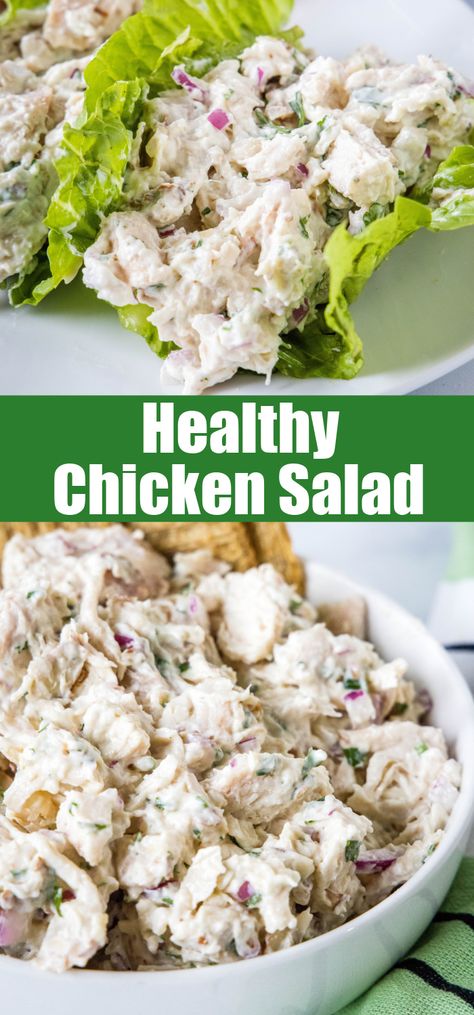 This Healthy Chicken Salad is creamy, super flavorful and loaded with protein. A great lighter alternative to the traditional version. Keto Creamy Chicken Salad, Healthy Lunch Alternatives, Shredded Chicken Salad Recipe Healthy, Traditional Chicken Salad, Clean Eating Chicken Salad, Healthy Chicken Salad Recipe With Yogurt, Rotisserie Chicken Salad Recipe Healthy, Healthier Chicken Salad, Bariatric Chicken Salad