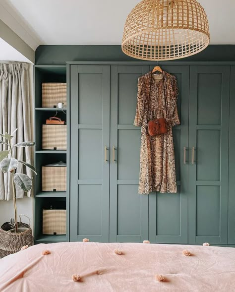 Cupboard Wall Design, Fitted Wardrobe Revamp, Closet World Closets, Simple Built In Wardrobe Ideas, Upcycle Built In Wardrobe, Sage Green Built In Wardrobe, Sage Green Bedroom Wardrobe, Tall Wardrobe Ideas, Full Wall Closet Ideas Bedroom