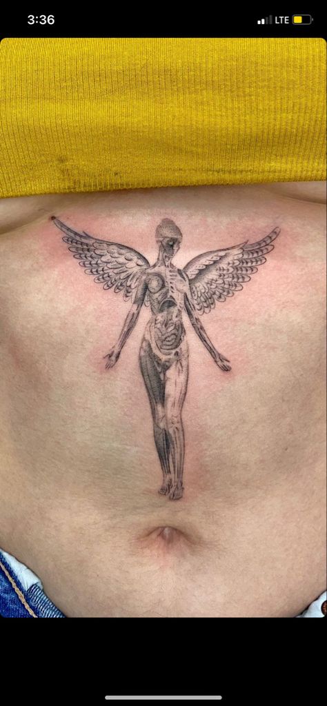 In Utero Angel Tattoo, Nirvana Angel Tattoo, Scar Coverup Tattoo, In Utero Tattoo, Nirvana Angel, Coverup Tattoo Ideas, Angel Back Tattoo, Angle Tattoo, Cool Art Things