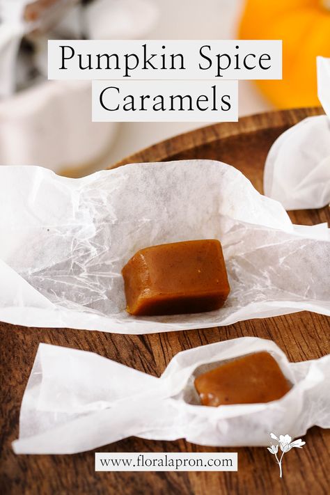 An unwrapped pumpkin spice caramel on wax paper. Soft Caramels Recipe, Homemade Caramels, Pumpkin Pie Ice Cream, Pumpkin Ice Cream, Homemade Pumpkin Spice, Soft Caramel, Pumpkin Caramel, Caramel Recipes, Fall Spices