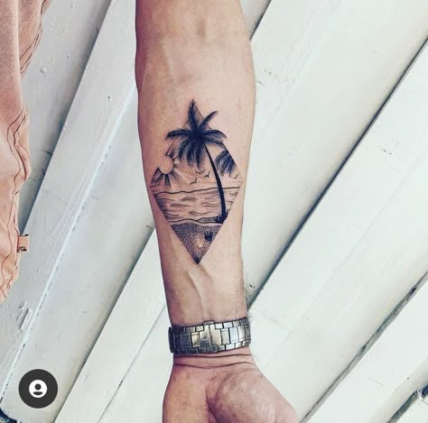 Beach Arm Band Tattoo, Beach Geometric Tattoo, Male Beach Tattoo, Geometric Beach Tattoo Design, Beach Arm Tattoos For Women, Beach Tattoos Men, Surfing Tattoos Men, Hawaiian Tattoo For Men, Beach Tattoo For Men