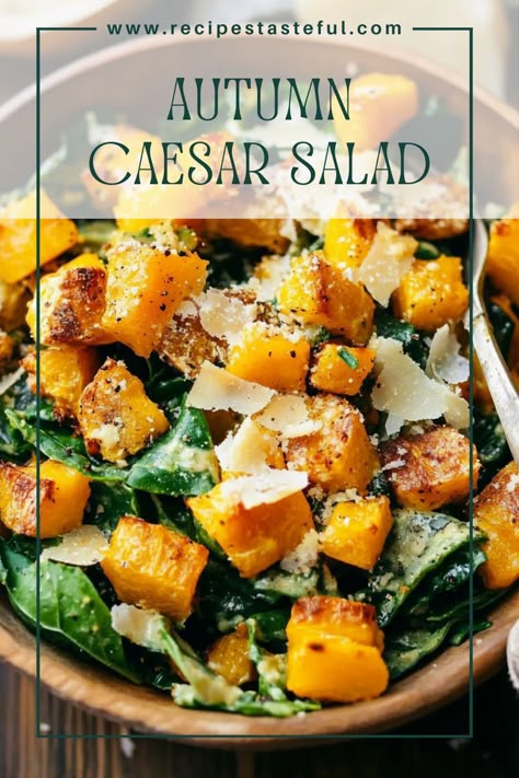 This Autumn Caesar Salad features roasted delicata squash croutons, perfectly complementing massaged kale, shaved parmesan, and toasted pine nuts. It's a delightful twist on the classic Caesar salad, bringing the flavors of fall to your table. Roasted Delicata Squash, Shaved Parmesan, Thanksgiving Salad, Massaged Kale, Classic Caesar Salad, Caesar Salad Recipe, Delicata Squash, Salads Recipes, Fall Dinner Recipes