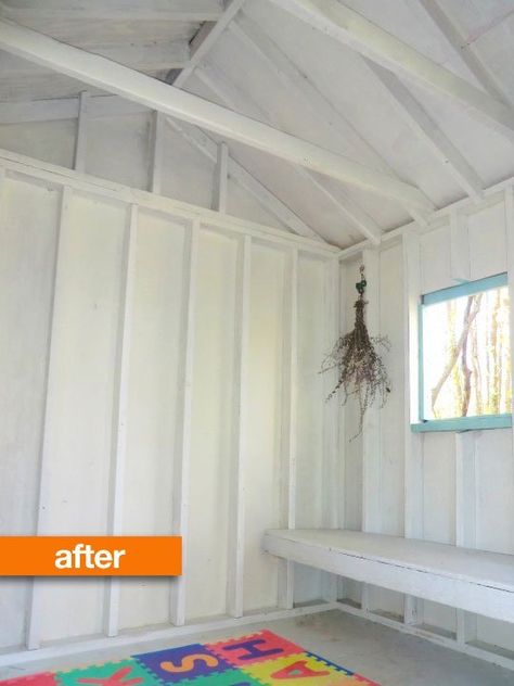 Before & After: A Smelly Garden Shed Turned Bright Playhouse — Perry Moffit Turning Shed Into Playhouse, Outdoor Shed Playhouse, Turn Shed Into Playhouse, Shed Turned Into Daycare, Shed Playhouse Interior, Play House Interior Ideas Kids, Shed Turned Playhouse, Shed Into Playhouse, Shed To Playhouse