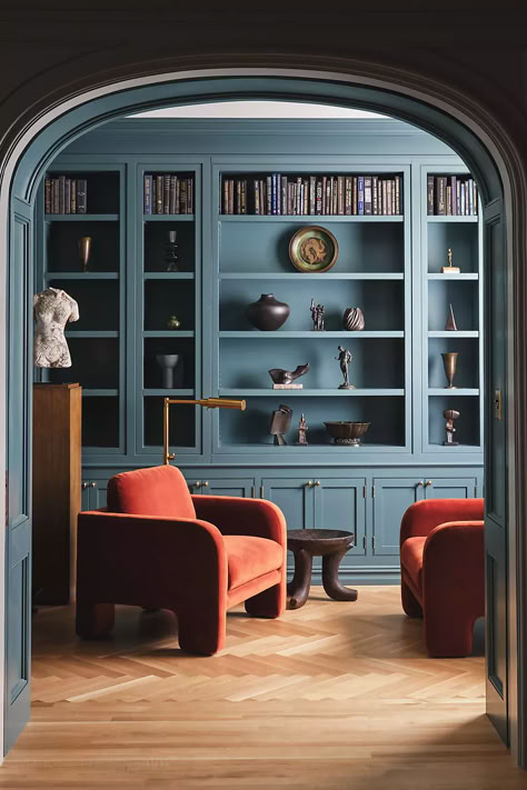 Library Room Design, Home Library Rooms, Blue Accent Walls, Library Study, Library Room, Oak Chair, House Room, Home Library, Home Office Design