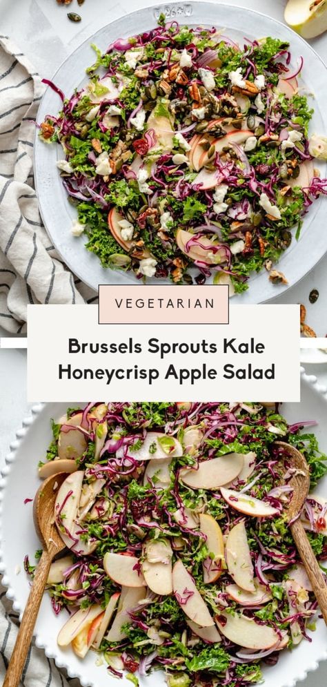 Sweet & crunchy brussels sprouts kale apple salad with a light maple cider dressing. This beautiful, fall-inspired kale apple salad has wonderful flavors and textures from tangy gorgonzola, dried cranberries and a pecan pumpkin seed crunch mixture. Enjoy the perfect lunch or side dish all season long! #salad #vegetarian #brusselsprouts #apples #fall #thanksgiving #kalesalad Honeycrisp Apple Salad, Good Salad Recipes, Cider Dressing, Kale Apple Salad, Ambitious Kitchen Recipes, Pecan Pumpkin, Honeycrisp Apple, Salad Vegetarian, Apple Salad Recipes