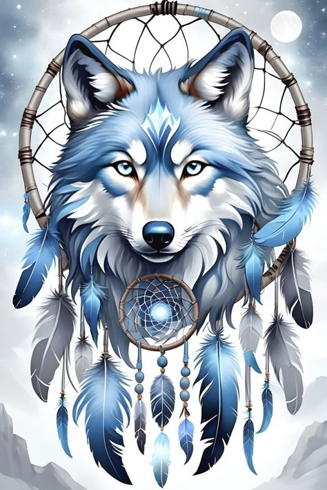 Wolf Cut 360, Clawdeen Wolf Costume, Wolf Dreamcatcher Tattoo, Atrapasueños Tattoo, Wolf Art Fantasy, Wolf Dreamcatcher, Wolf Tattoo Sleeve, Blue Wolf, Native American Wolf