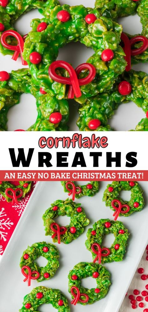 Christmas Wreath Cookies are as fun to make as they are to eat! Turn cornflake cereal into festive treats with this easy recipe and just a handful of ingredients. No need to bake Christmas wreath cookies because they’re made in a large pot on top of the stove. They're the perfect addition to your Christmas cookie tray or box! Christmas Cookie Trays Ideas, Christmas Wreath Dessert, Cornflake Wreaths, Xmas Food Gifts, Food Wreath, Christmas Dessert Tray, No Bake Candy, Cinnamon Candies, Christmas No Bake Treats