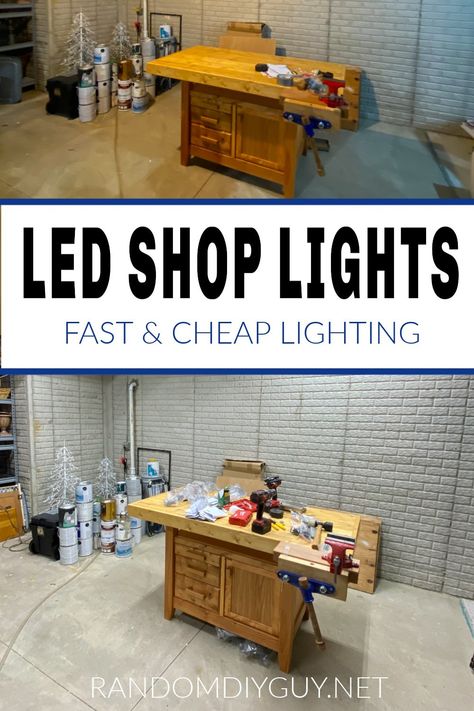 Honeywell LED Shop Lights Review: These affordable, easy to install shop lights can transform a dark space into a bright functional workshop on the cheap! #randomdiyguy #shoplights #LED #workshop #efficient #workspace #honeywell Garage Interior Ideas, Lighting Hacks, Basement Workshop, Led Garage Lights, Hanging Christmas Lights, Shop Lights, Dark Space, Garage Interior, Led Shop Lights