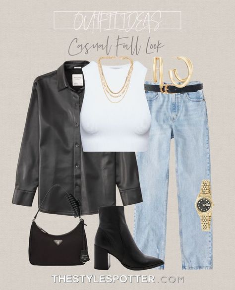 Black Leather Shirt Outfit, Leather Shacket Outfit, Casual Outfit College, Leather Shirt Outfit, Fall Outfits Date Night, Black Booties Outfit, Black Shacket, Prada Bag Outfit, Booties Outfit Fall