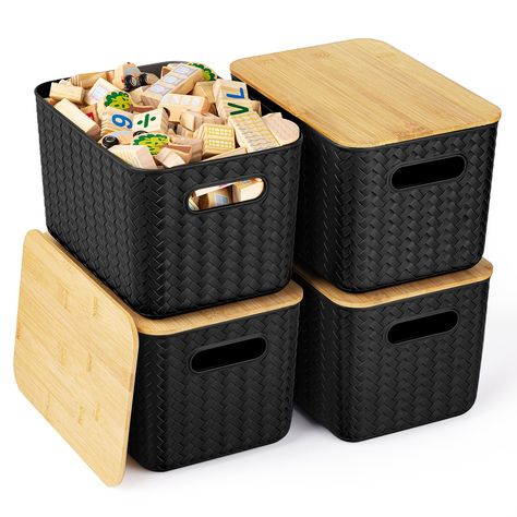 4 Packs Storage Bins with Bamboo Lids - Plastic Storage Containers with Lids Stackable Storage Box：Storage Baskets for Organizing Desktop Closet Playroom Classroom Office (Black) Organizing Desktop, Closet Playroom, Plastic Storage Containers, Large Storage Bins, Playroom Classroom, Stackable Storage Boxes, Storage Baskets With Lids, Colorful Storage, Stackable Storage Bins