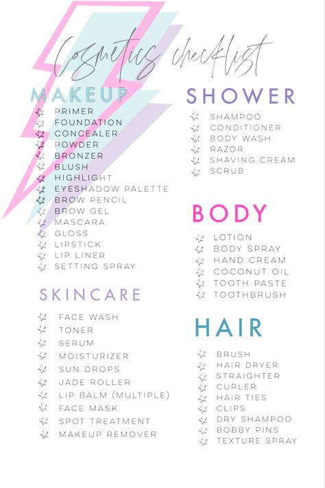 Skincare Packing List, Traveling Makeup Bag, What To Pack In Your Makeup Bag, Toiletry Checklist, Makeup Bag Checklist, Hygiene Packing List, Travel Supplies Packing Lists, Makeup To Take On Vacation, Makeup Checklist Products